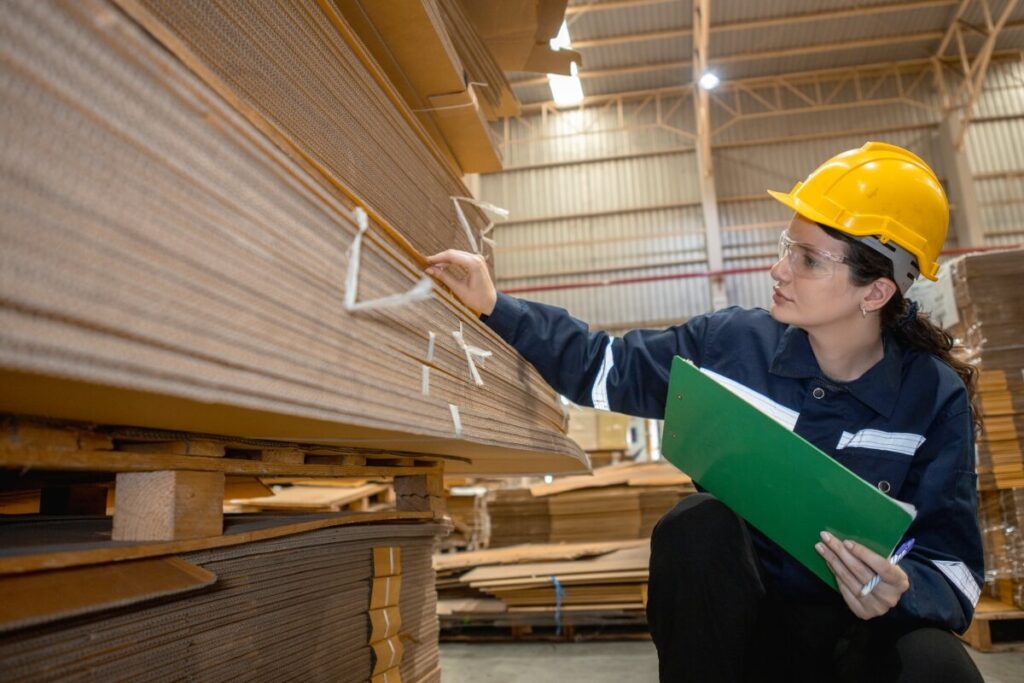 Osoba w kasku ochronnym sprawdza jakość sklejki w magazynie.