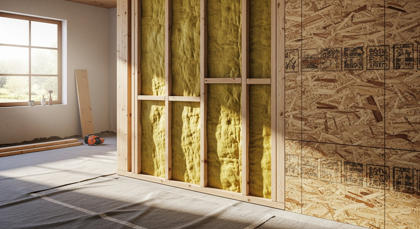 Ściana w trakcie budowy z ociepleniem z wełny mineralnej, wykończona z jednej strony jako płyty osb.