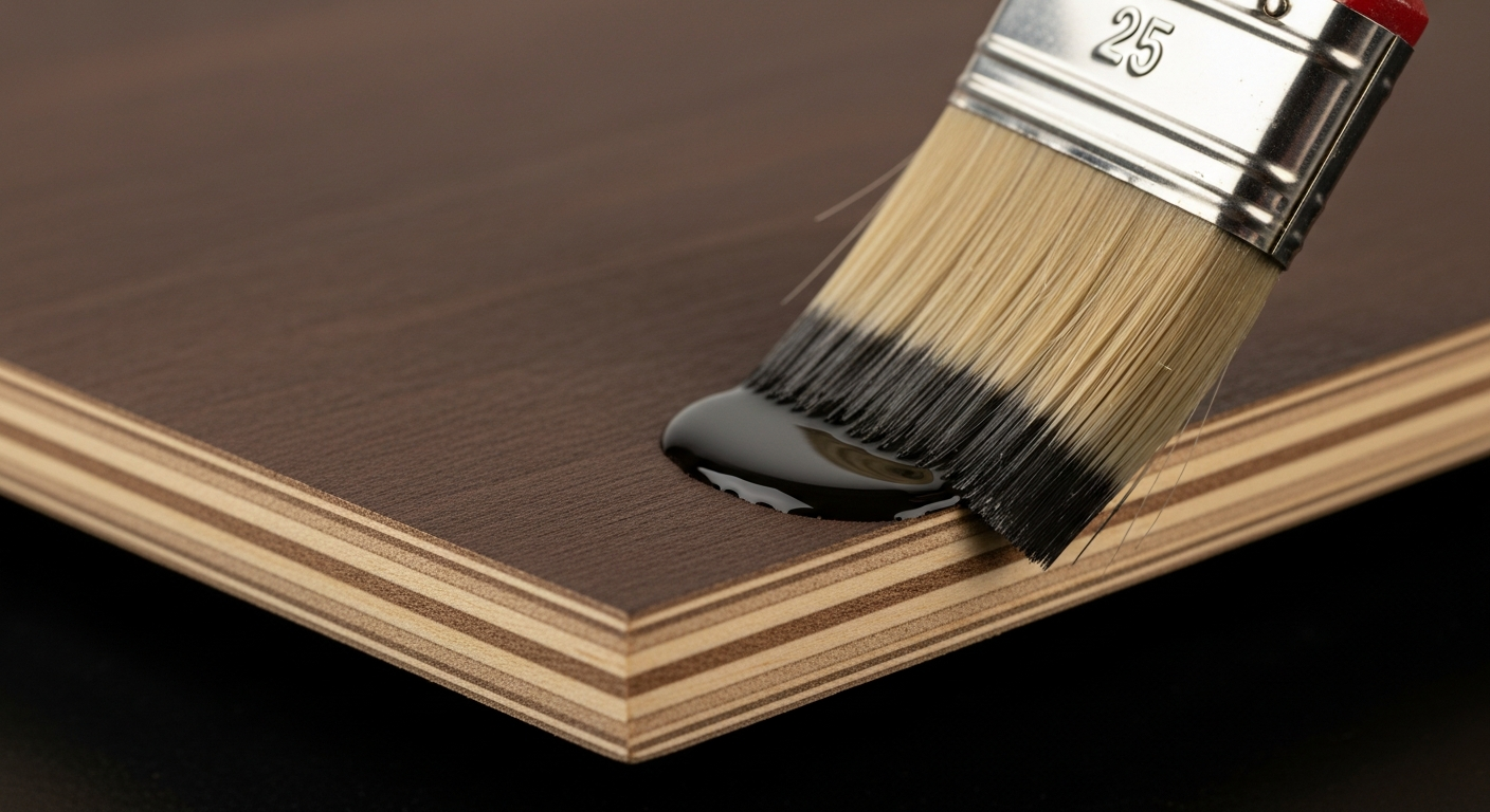 Pędzel nakłada czarną powłokę na sklejkę antypoślizgową.