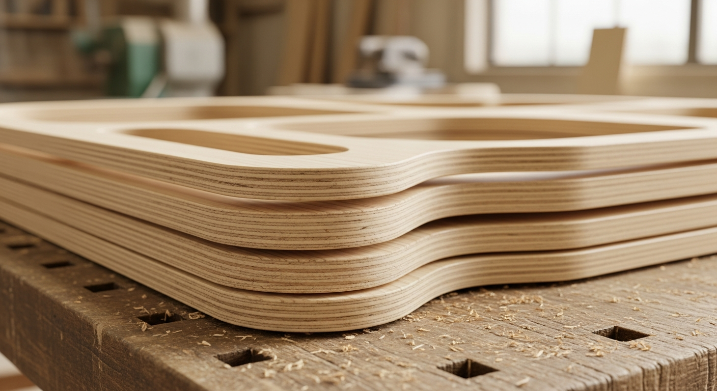 Sklejka na wymiar wycięta w zaokrąglone kształty, ułożona warstwami na stole warsztatowym.