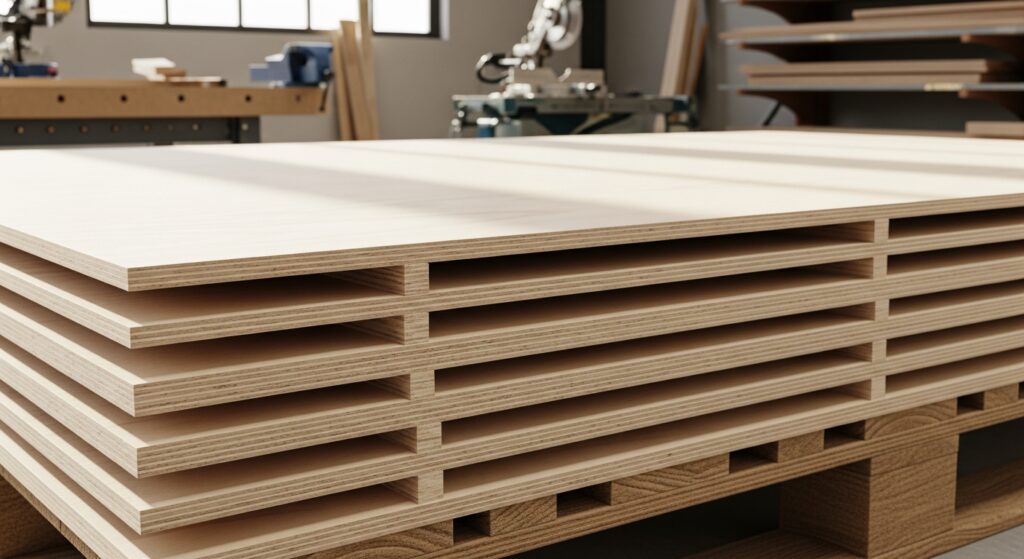 Stos płyt ze sklejki ułożonych na palecie w warsztacie stolarskim.