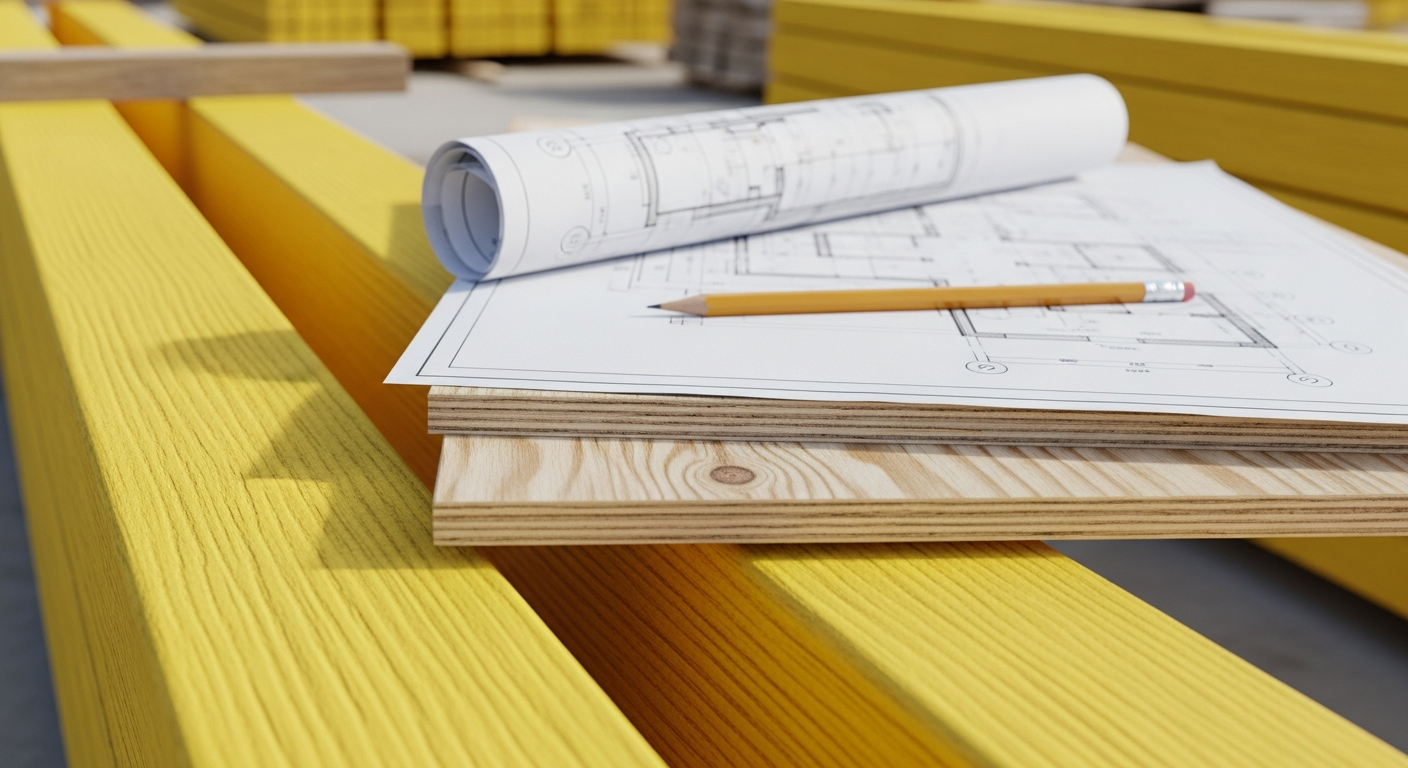 Rysunki techniczne i ołówek leżą na sklejce ułożonej na żółtych dźwigarach.