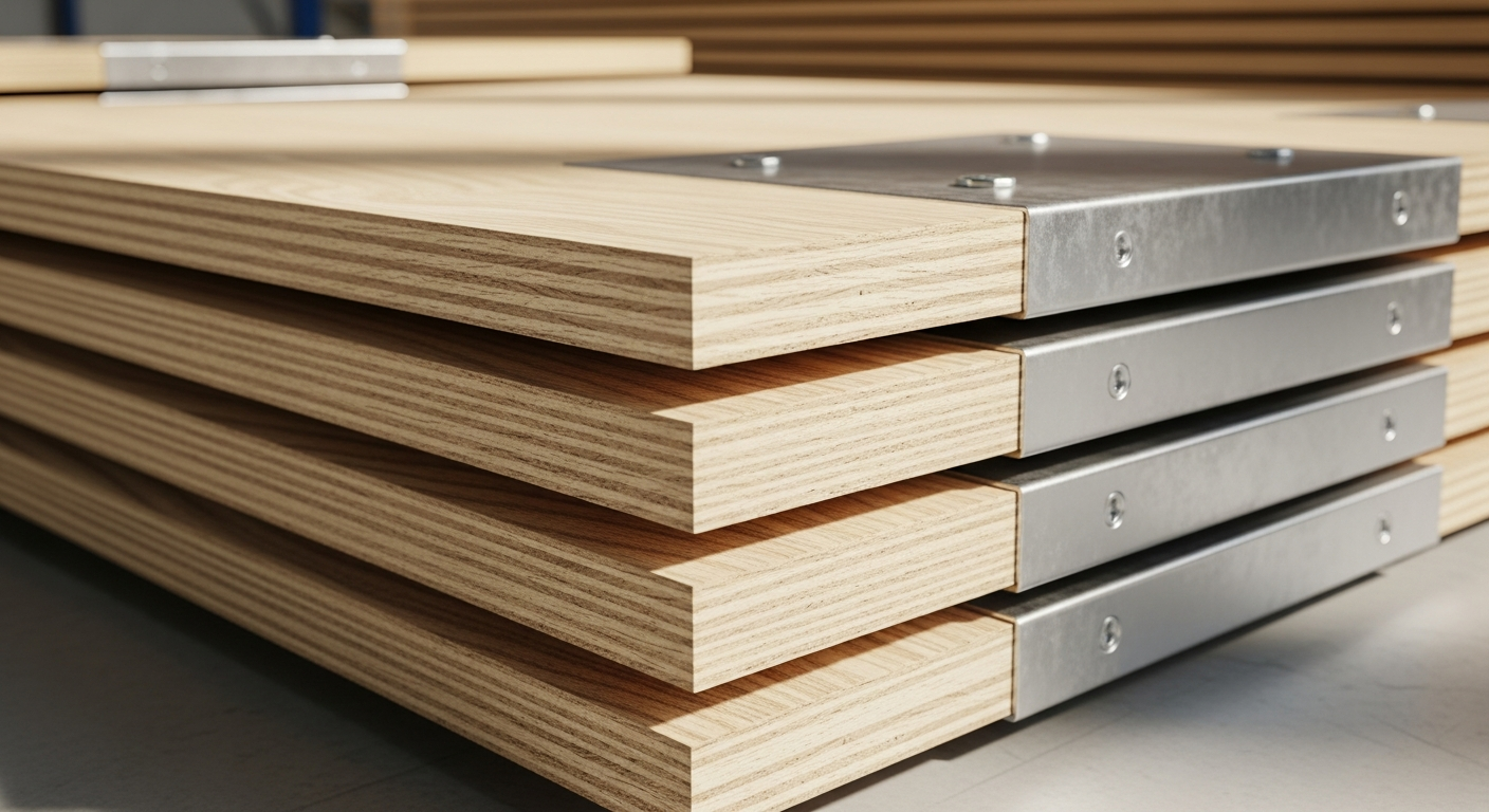 Stos sklejki z metalowymi okuciami, przedstawiający płyty podformowe.