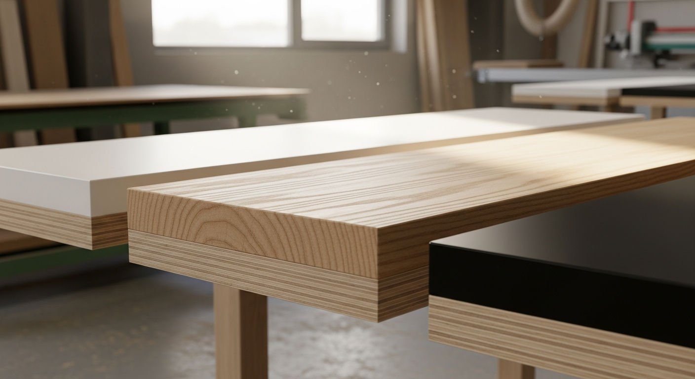 Produkcja blatów sklejkowych w warsztacie stolarskim – gotowe, gładkie płyty leżą na stole roboczym.