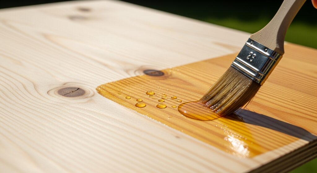 Pędzel nakłada lakier na sklejkę iglastą, podkreślając jej jasne usłojenie.
