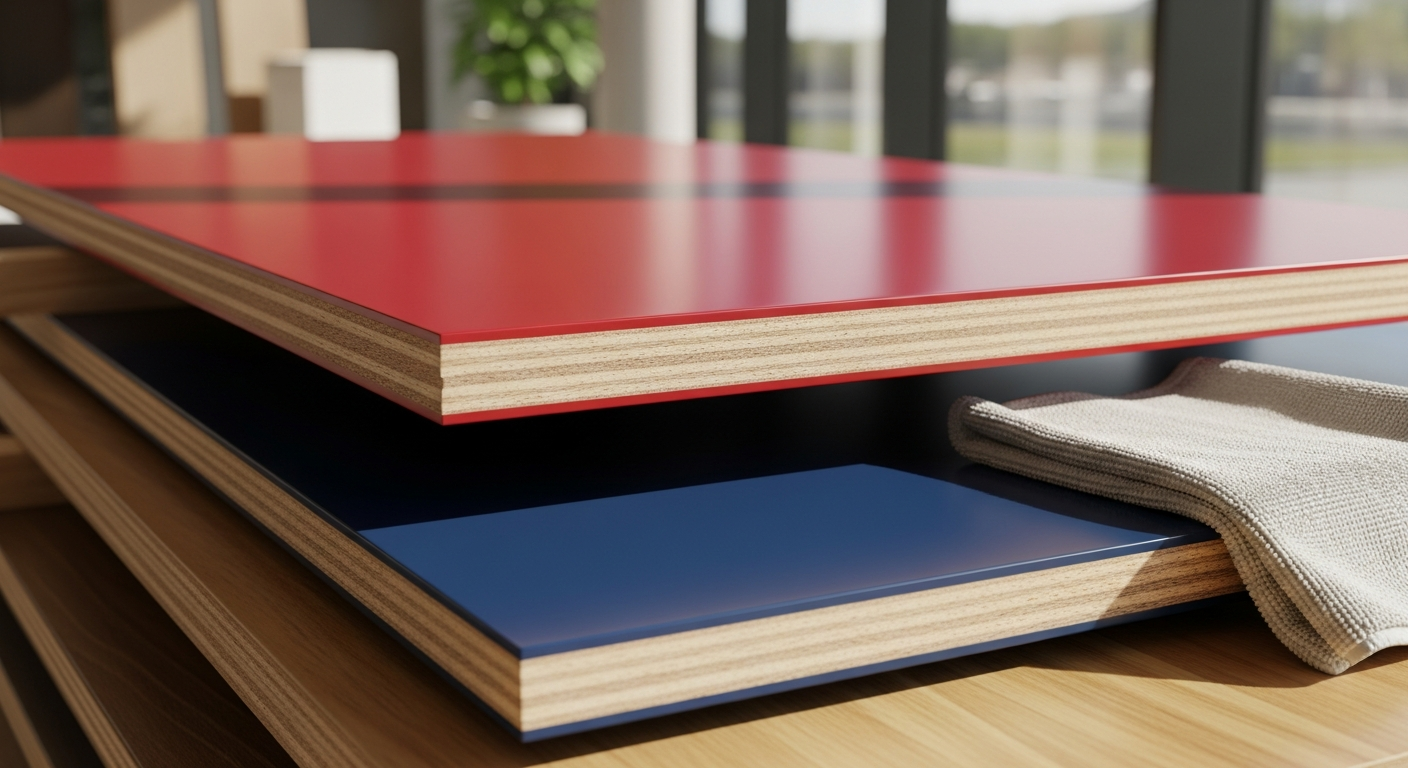 Sklejki kolorowe w czerwieni i granacie ułożone w stos na drewnianym blacie.