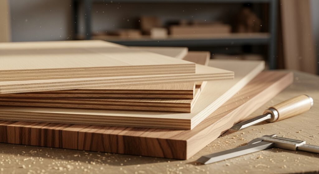 Stos płyt, w tym sklejka liściasta, na warsztatowym stole obok dłuta i wiórów.