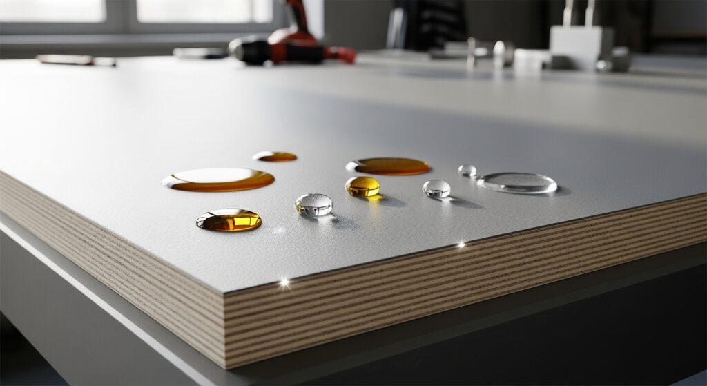 Sklejka z PPL z kroplami wody na jasnej powierzchni.