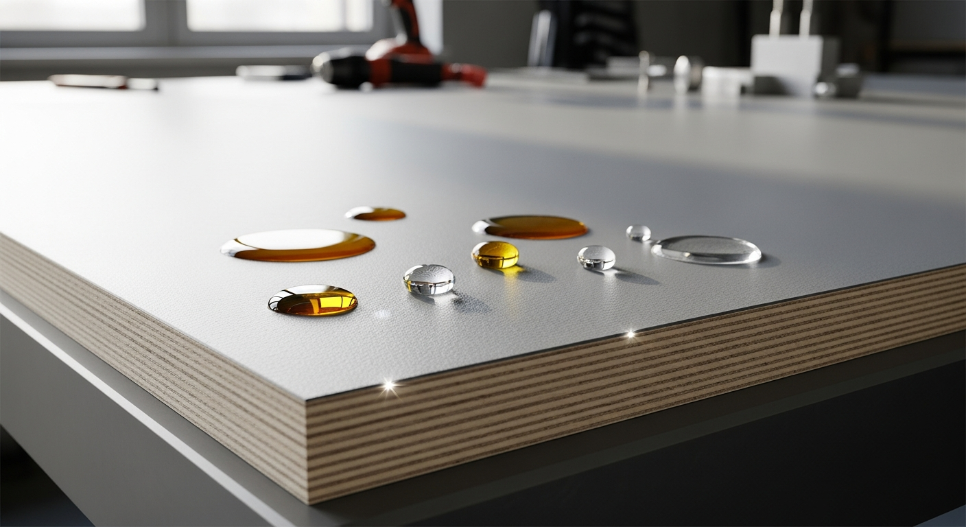 Sklejka z PPL z kroplami wody na jasnej powierzchni.